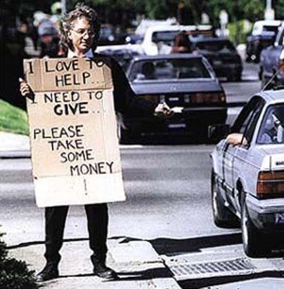 panhandler hands out cash
