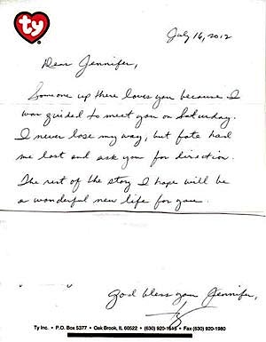 Ty Warner letterhead note with donation