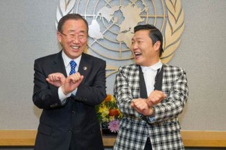 UN Sec Gen Moon with Psy laughing-UNphoto
