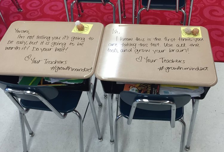 Teacher Turns Student Desks into Notes of Encouragement Before Big Exam
