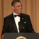 Obama laughs podium