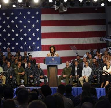 veterans with Michelle Obama at hiring announcement -WH photo