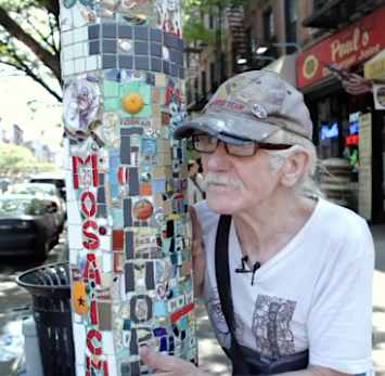 Mosaic man and his NYC lamppost