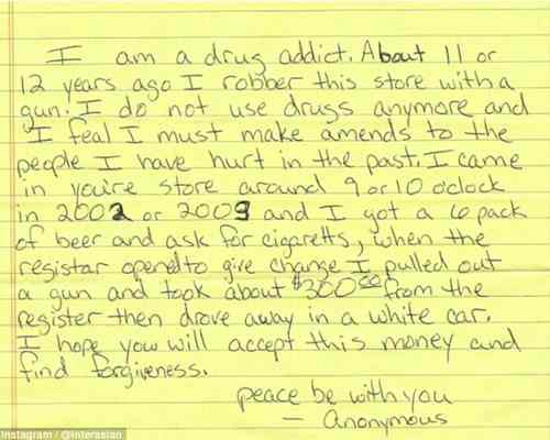 apology note from ex addict who robbed Asian grocer