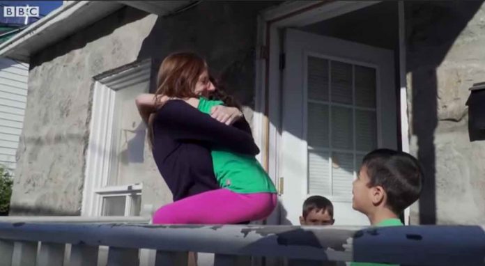 Rachel Lapierre Hugging Youngster-BBC Youtube Screenshot