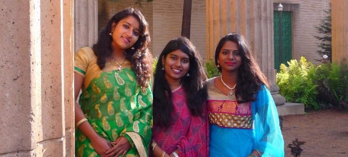 3 girls in Indian sari dress-ancient friends India-SF