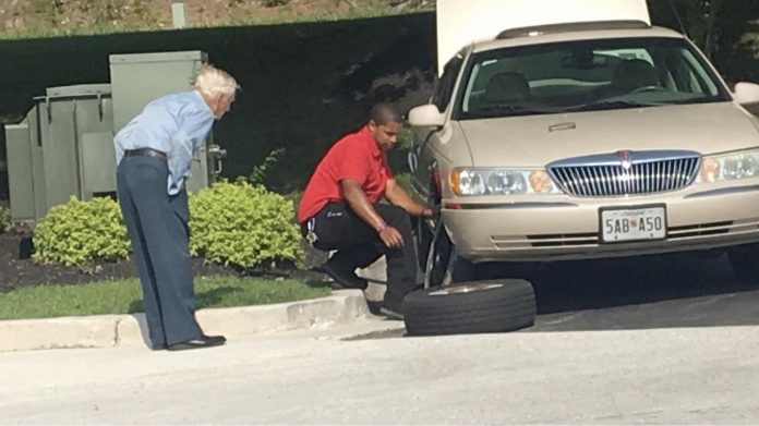 flat tire changed for senior at Chick-fil-a-photo released by mngr-Rudy Somoza on FB