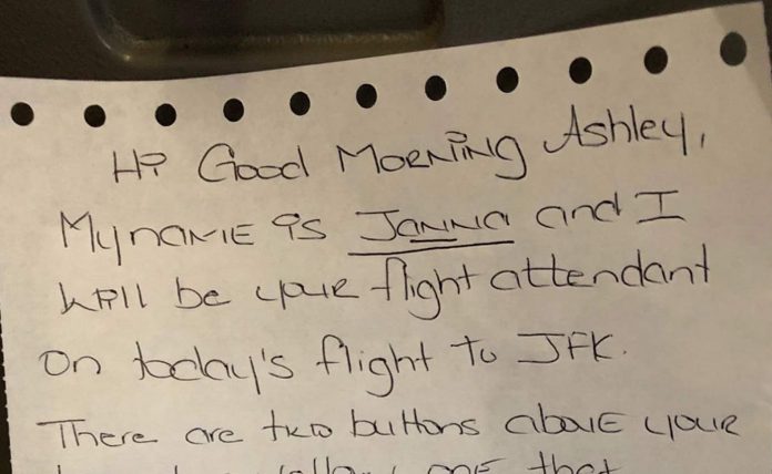 Flight Attendant Note to Ashley Ober-Oberlynn13 Twitter