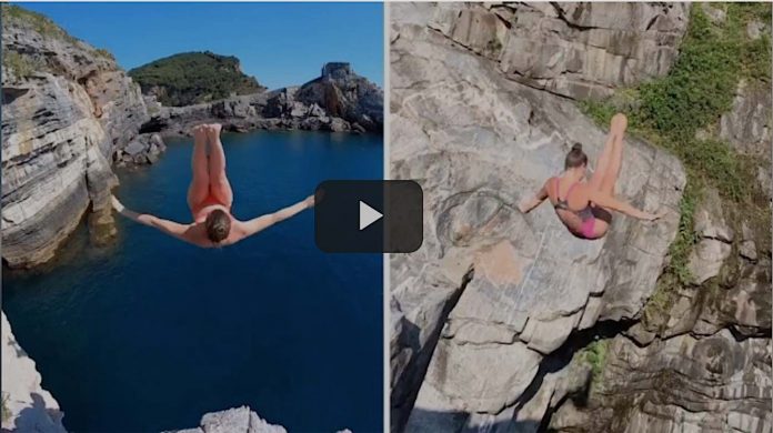 Ellie Smart cliff diving video screenshot with arrow-AirTv