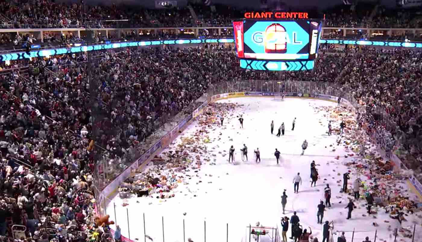 Watch Exuberant Hockey Fans Make Record Donation By Hurling 45,000 Teddy  Bears onto Arena Ice