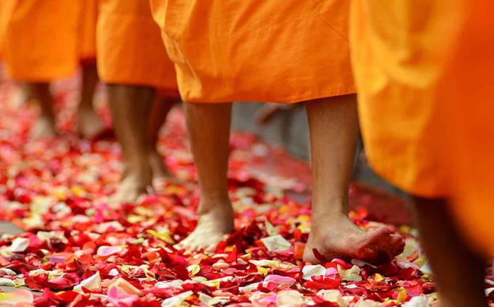 Buddhist Monk Walking on Flower Pedals-Public Domain via Pickpik