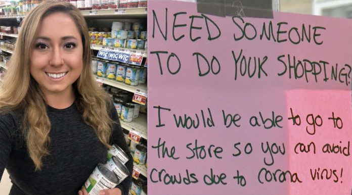 Becky Hoeffler selfie-groceries with sign