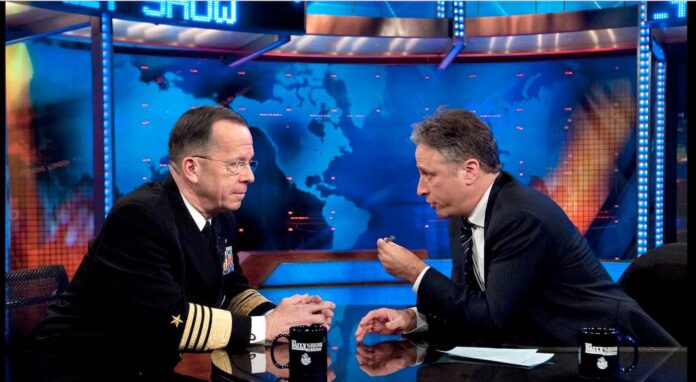 Jon Stewart interviewing Admiral Michael Mullen on The Daily Show in 2010-pubdomain
