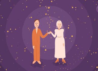 An illustration of a couple holding hands in space