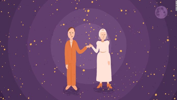 An illustration of a couple holding hands in space
