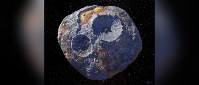 An artist’s concept of asteroid 16 Psyche. Credit- Maxar_ASU_P.Rubin_NASA_JPL-Caltech