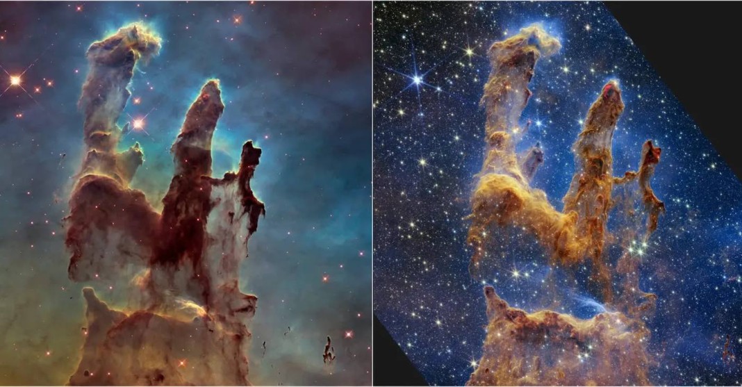 Photo of the Pillars of Creation Shows the Lens Upgrade of Webb vs