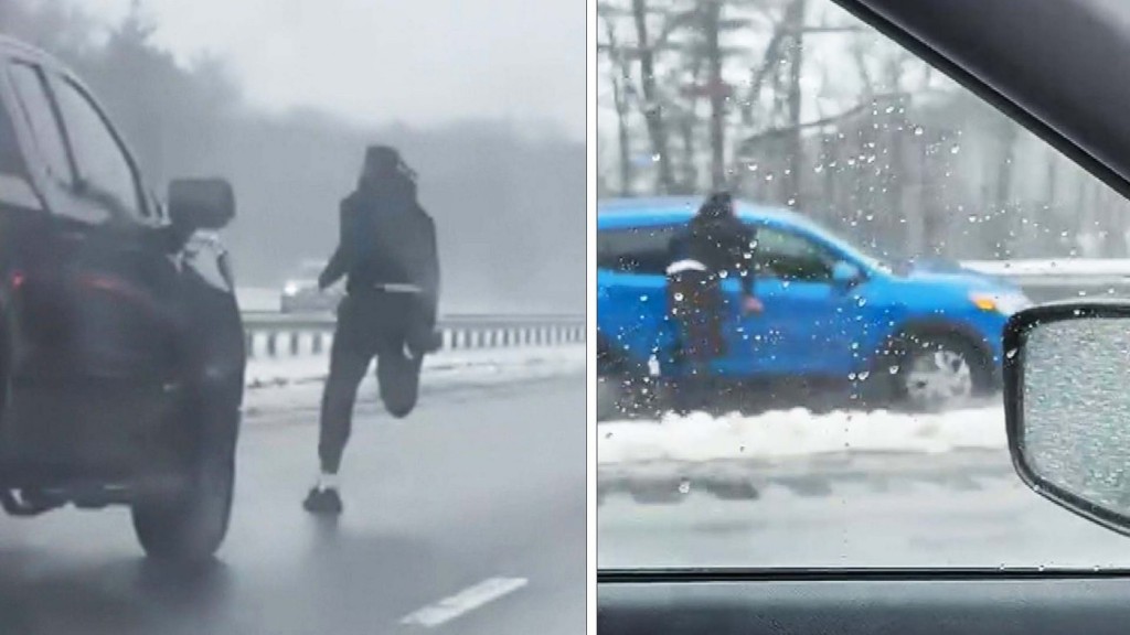 Man Sprints Along 4-Lane Snowy Highway to Stop Woman’s Runaway Car