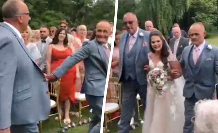 dad pulls stepdad down wedding aisle-swns