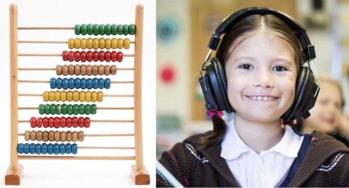 math student girl w headphones listen abacus pubdomain left Crissy Jarvis-right Ben Mullins