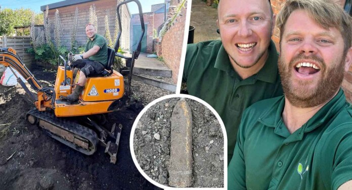 Landscape gardeners James Dobson and Paul Probert uncover a bomb-SWNS