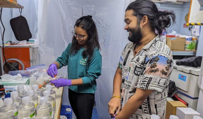 First authors Diksha Sharma, left, and Vignesh Menon lead experiments on seawater collected from the Gulf of Maine during an algae bloom. Credit Annie Kandel, released