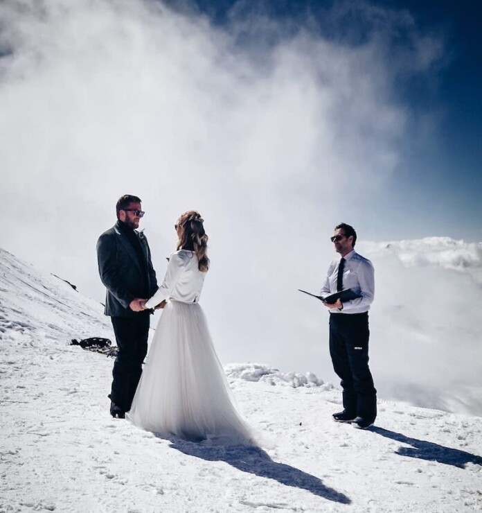 Bride Skis Down the Aisle in her Wedding Dress to Get Married at 8,000