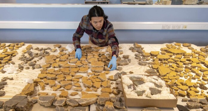 Specialist Han Li reconstructing wall plaster from frescos Credit MOLA-Museum of London Archaeology