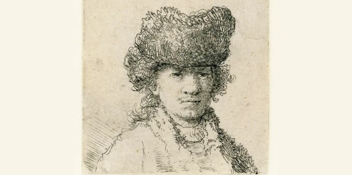 Self portrait etching by Rembrandt - credit, Charlotte Meyer's collection