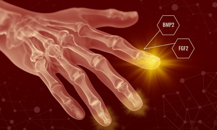 A conceptual graphic shows how growth factors BMP2 and FGF2 are applied to the injury site to stimulate tissue regeneration