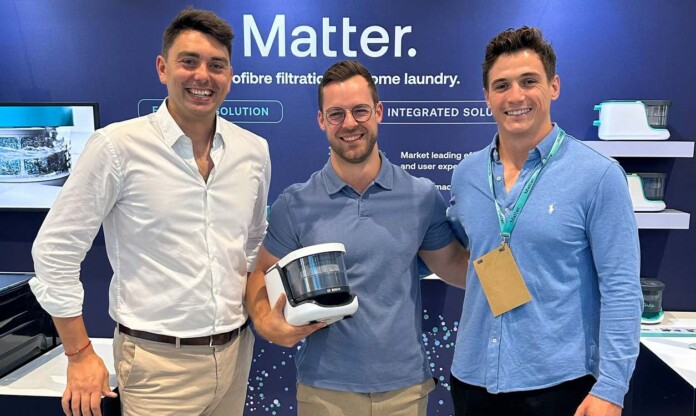 Adam Root (center) and his microplastic filter - credit, Matter Industries