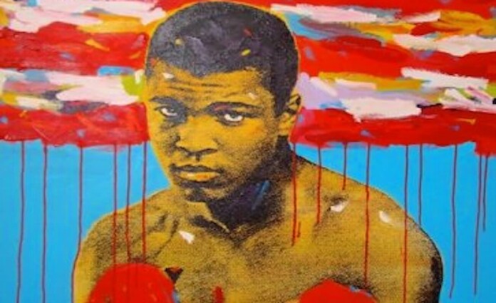 Boxer Muhammad Ali pop art painting by John Stango-CC BY-SA 3 cropped