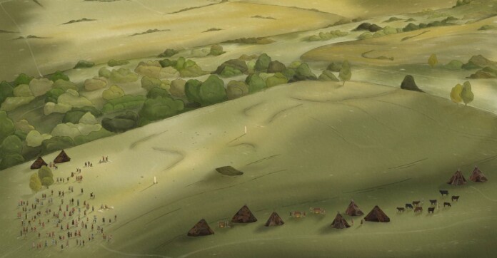 Wessex Archaeology’s illustration of what summer solstice celebrations at Bulford may have looked like 5,000 years ago - credit, Wessex Archaeology