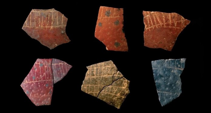Fragments of ancient etched ostrich eggshells from Diepkloof site-Courtesy of University of Bologna -Pierre-Jean Texier