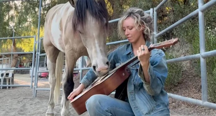Rescued pony horse plays guitar -Courtesy of Mikayla Khramov