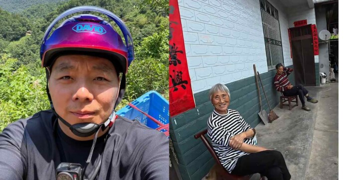 Tian Rui (left) and some of the seniors he visits (right) - credit, Tian Rui, via socials