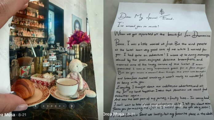 Rosie the bear the a letter written by the hotel - credit, @drea_musa via TikTok