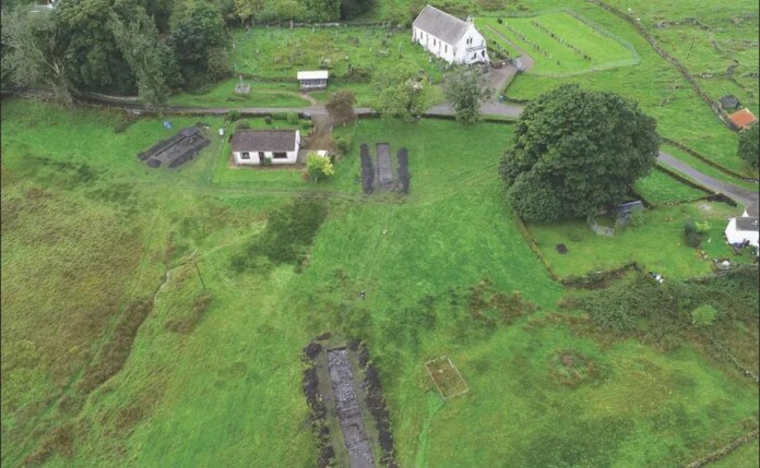 An aerial view of the archaeological trenches dug around Lismore's parish church - credit, Clare Ellis et al., Antiquity, 2026